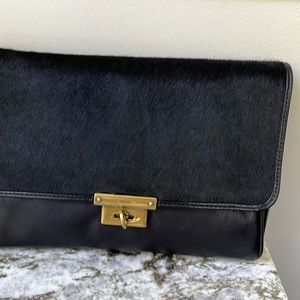 Fossil leather calf hair black wristlet clutch brass turn lock